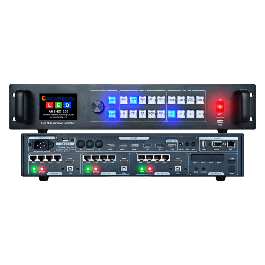 AMOONSKY AMS-EX1200 LED video controller original front and rear panel views