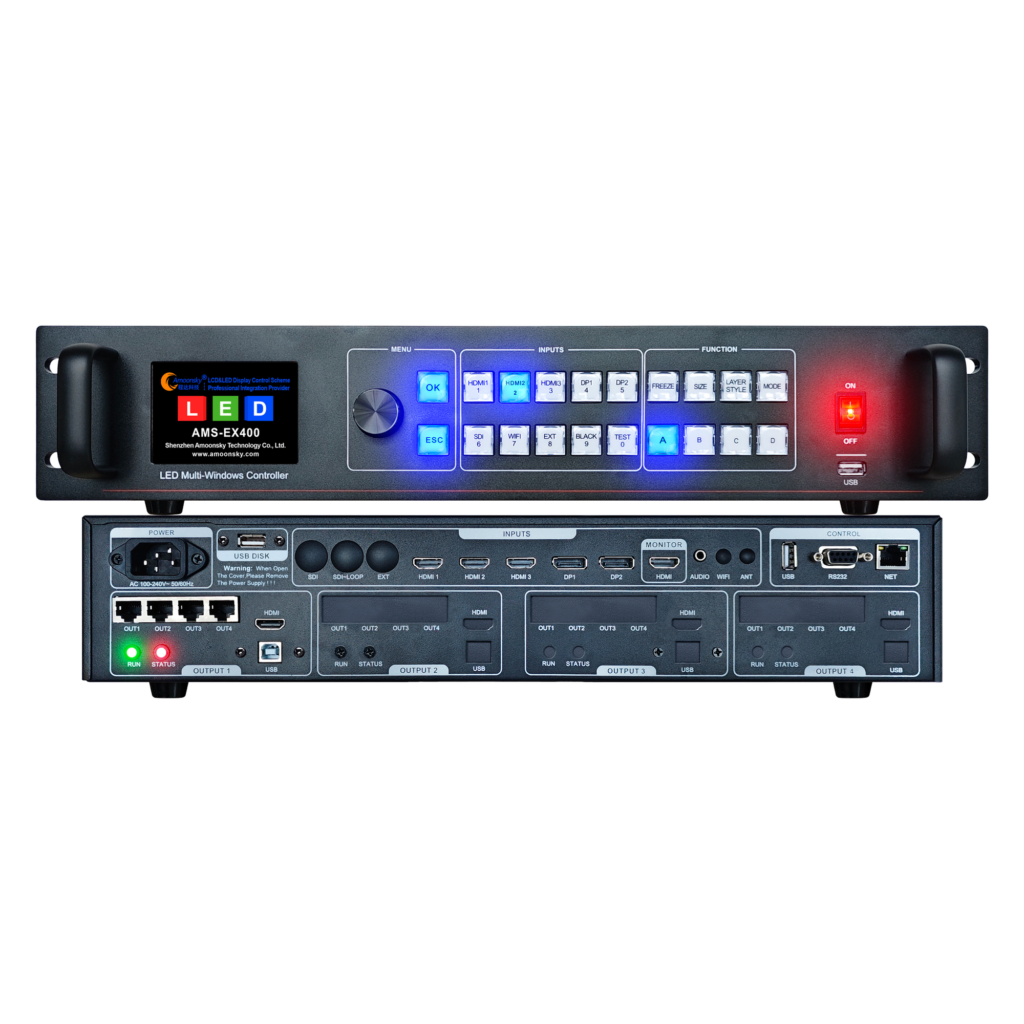AMOONSKY AMS-EX400 LED video controller original front and rear panel views