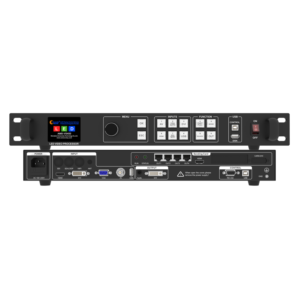 AMOONSKY AMS-VS400 LED video controller original front and rear panel views