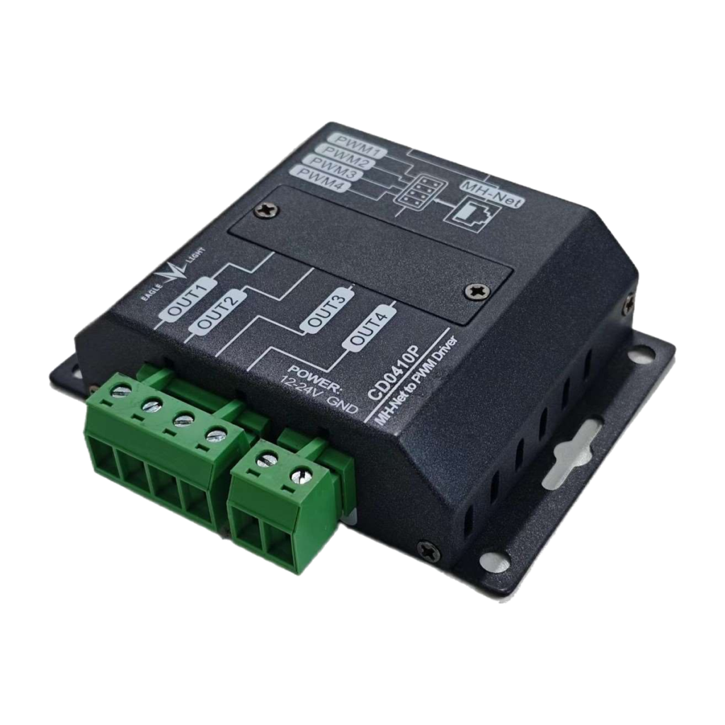 EAGLE LIGHT CD0410P 4-channel MH-Net LED dimming driver with green terminal connectors and metal mounting brackets
