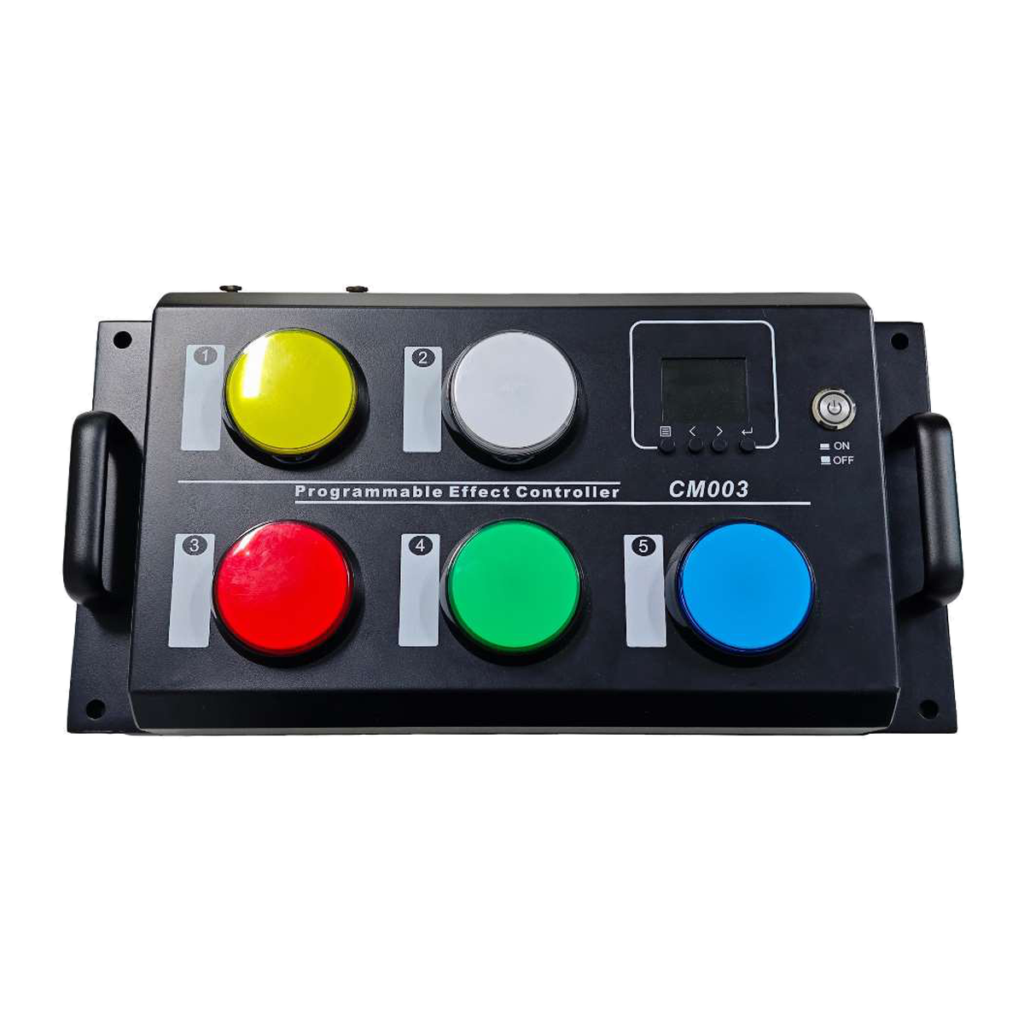 EAGLE LIGHT CM003H catalog effects processor controller with five configurable colored buttons, screen and reset controls; pictured panel marked CM003