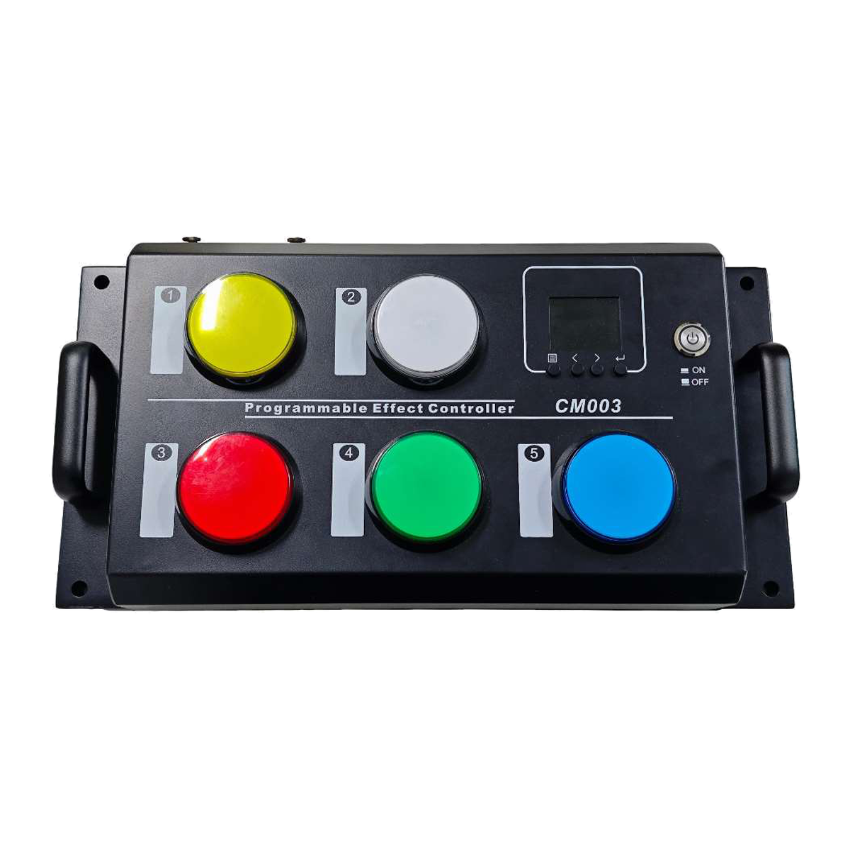 EAGLE LIGHT CM003H catalog effects processor controller with five configurable colored buttons, screen and reset controls; pictured panel marked CM003