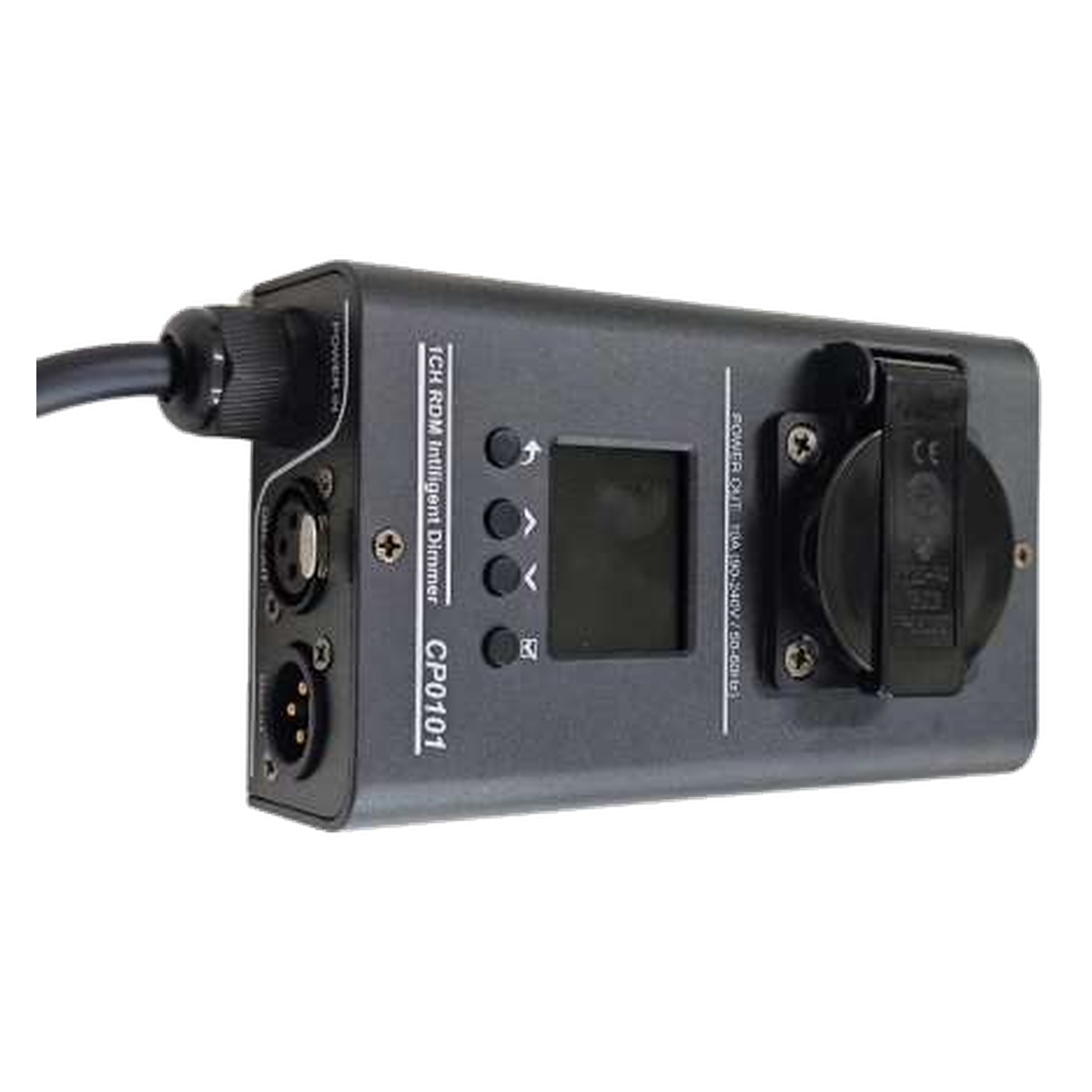 Secondary view of EAGLE LIGHT CP0101D single-channel dimmer showing connectors, control buttons and socket, hardware marking CP0101