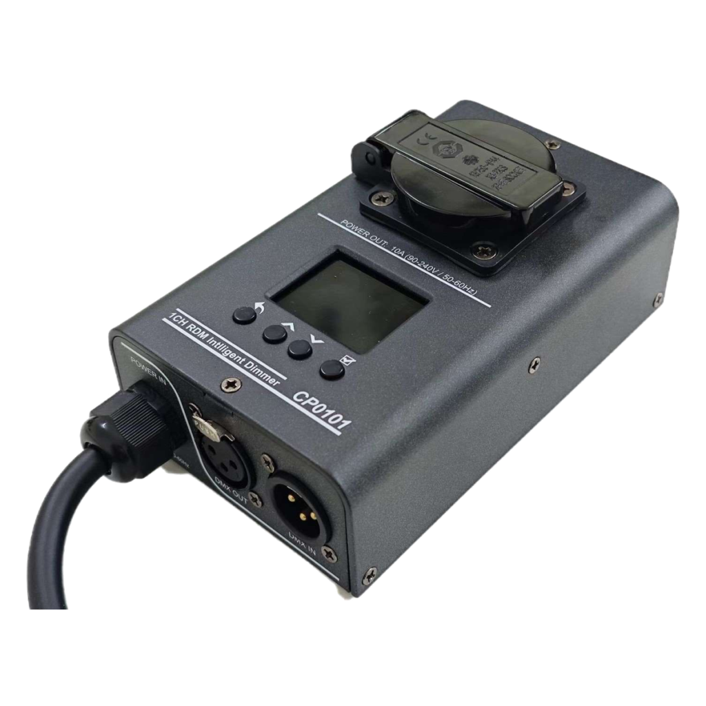EAGLE LIGHT CP0101D catalog single-channel RDM DMX512 AC dimming controller, angled gray device with European socket, faceplate labeled CP0101