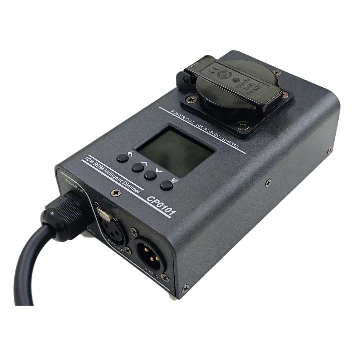EAGLE LIGHT CP0101D catalog single-channel RDM DMX512 AC dimming controller, angled gray device with European socket, faceplate labeled CP0101