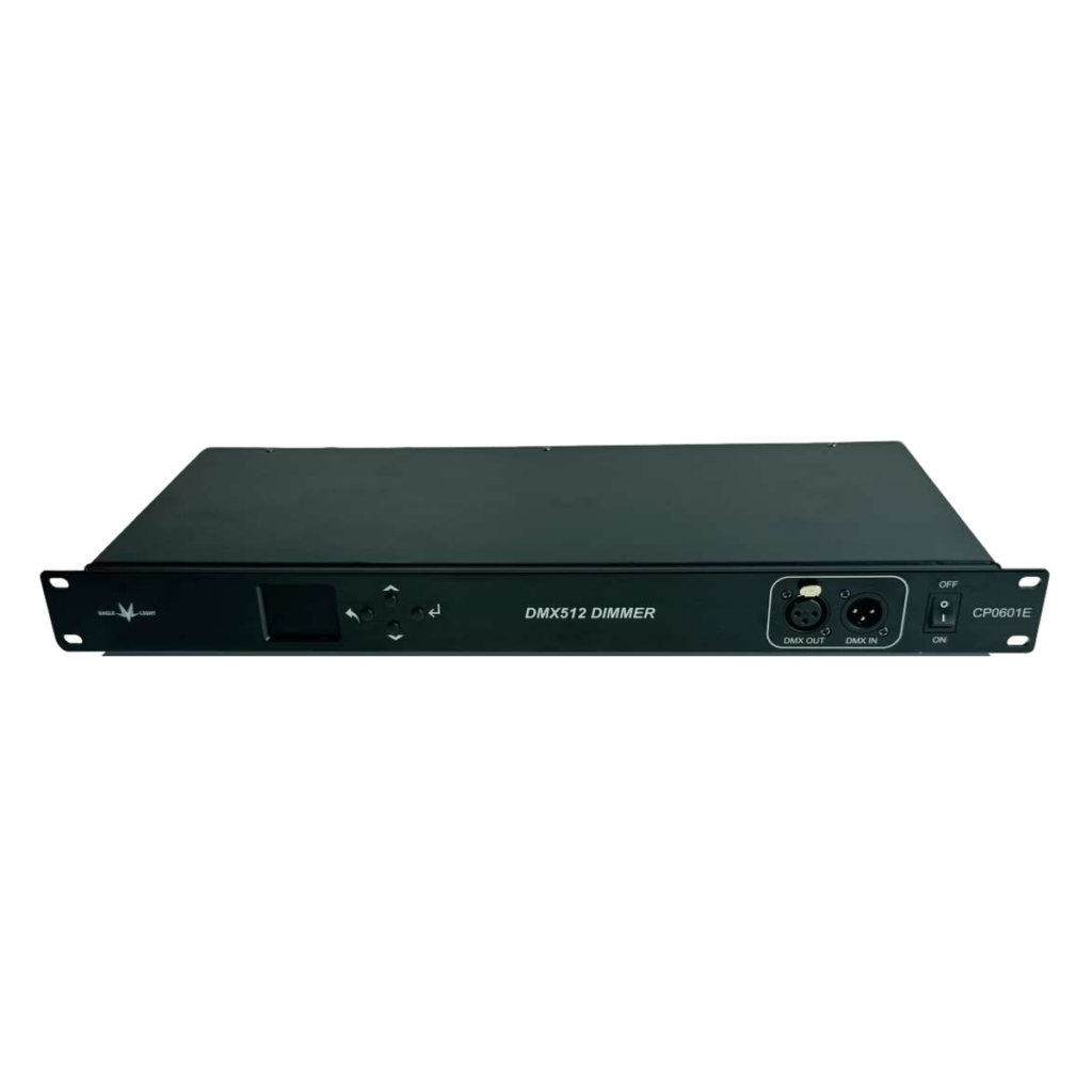Front of EAGLE LIGHT CP0601E six-channel European socket AC dimmer with rack-mount chassis, screen and RDM DMX512 connectors