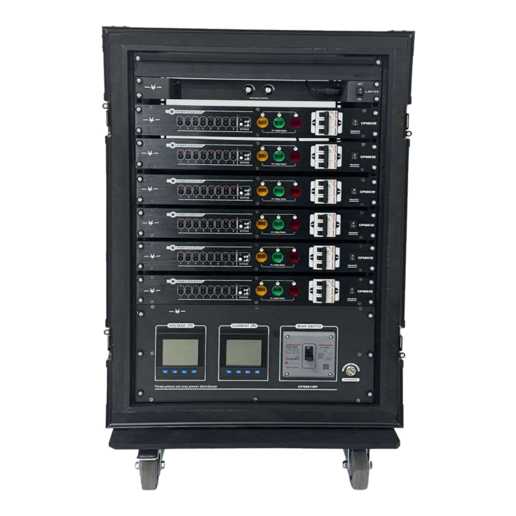 EAGLE LIGHT CPS002P intelligent power cabinet front view with six 8-channel power sequencers, monitoring instruments and emergency power stop controls