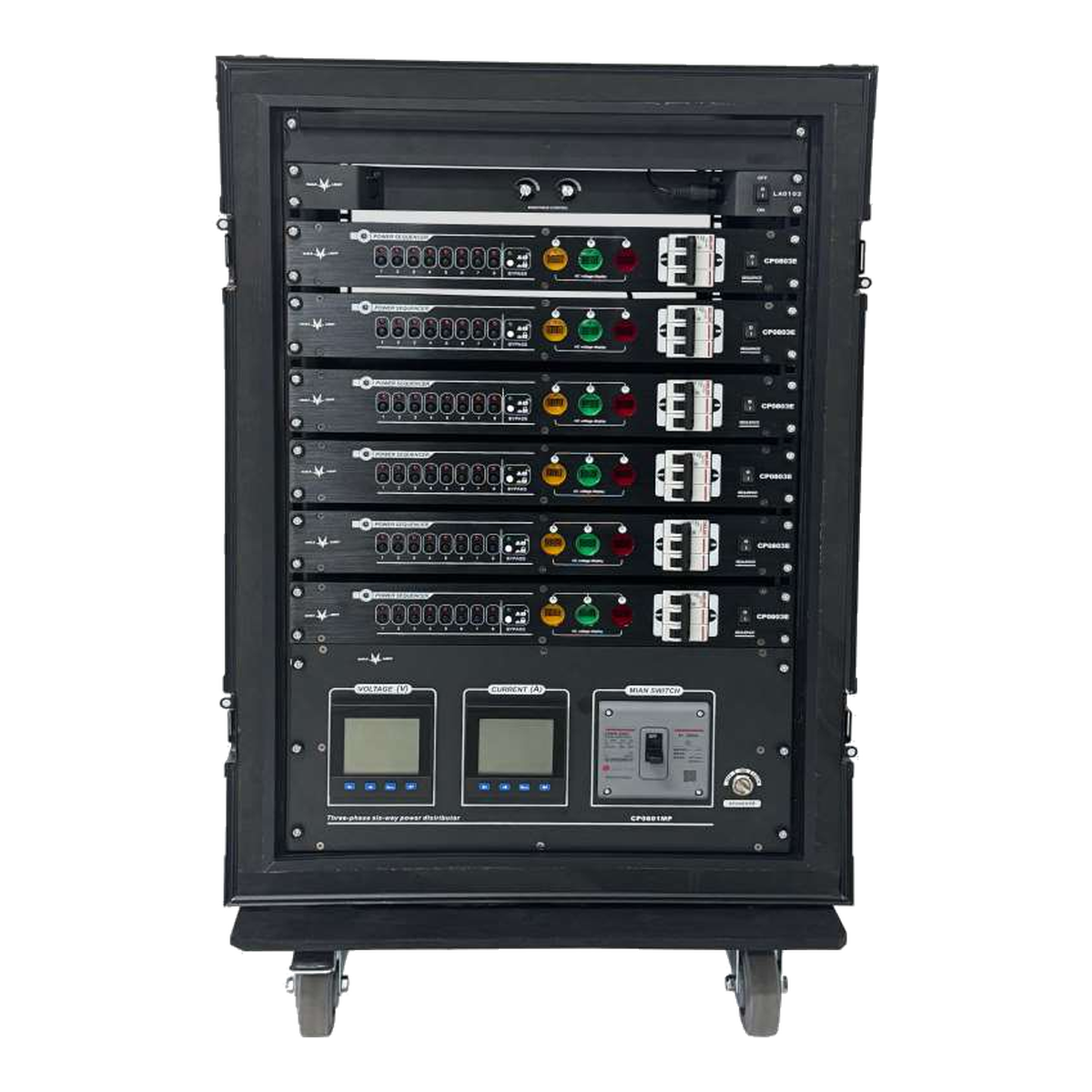 EAGLE LIGHT CPS002P intelligent power cabinet front view with six 8-channel power sequencers, monitoring instruments and emergency power stop controls