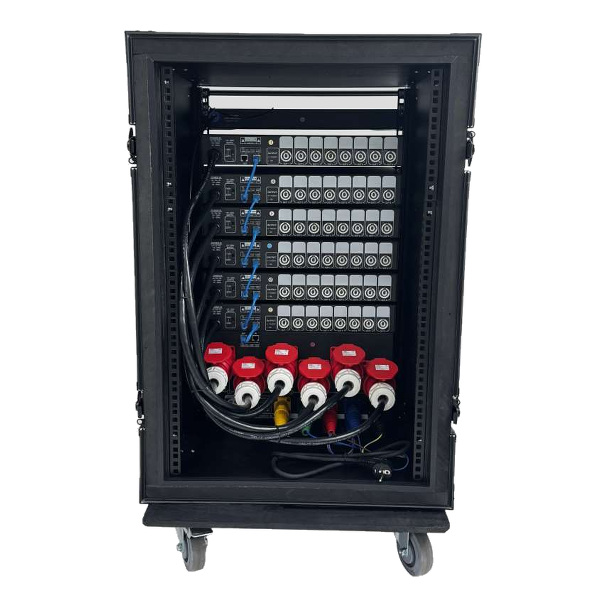 Rear view of EAGLE LIGHT CPS002P intelligent power cabinet showing distributed power connections, cables and internal power equipment