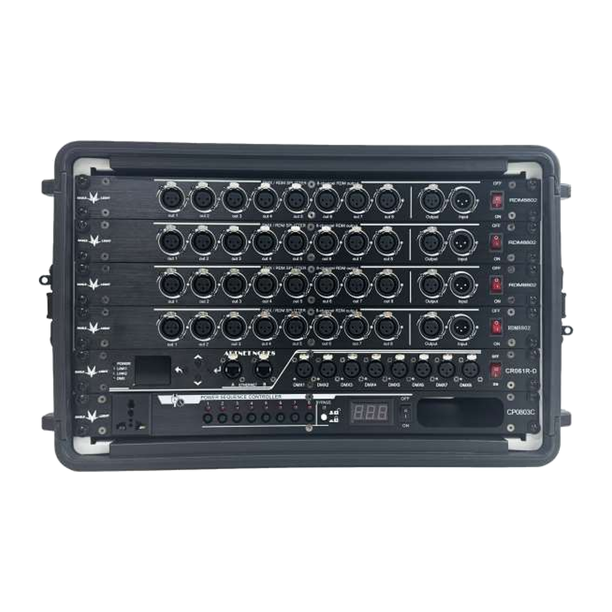 Front signal connection panel view of EAGLE LIGHT CPS06S-3 6U integrated stage lighting control cabinet