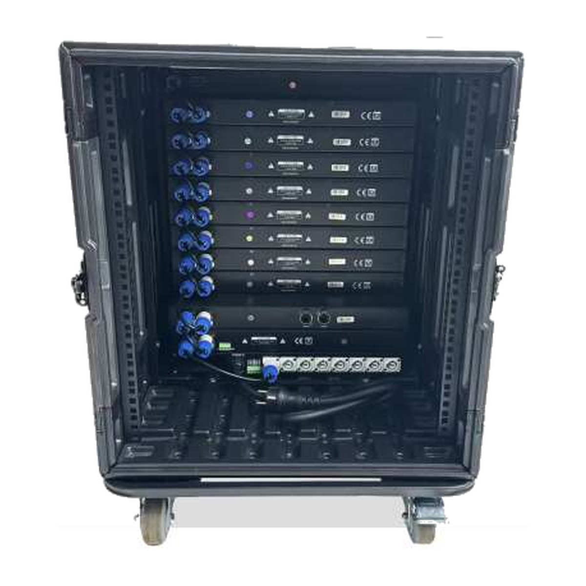 Rear and internal signal equipment view of EAGLE LIGHT CPS12S-1 12U integrated stage lighting control cabinet