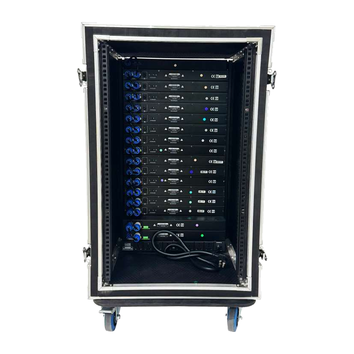 Rear and internal signal equipment view of EAGLE LIGHT CPS18S-1 18U integrated stage lighting control cabinet