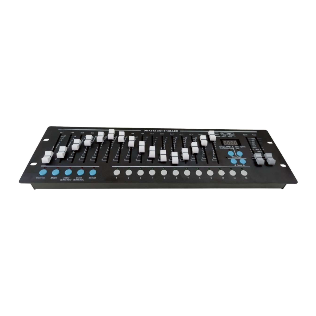 EAGLE LIGHT CR002B 16-fader 192-channel mini DMX lighting console, front panel with manual faders and control buttons