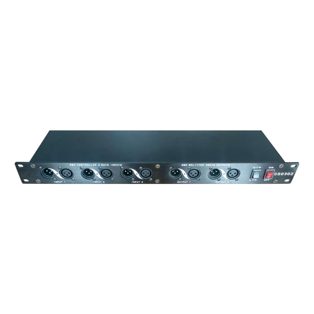 Front connection panel of EAGLE LIGHT CS0302I DMX mixer showing three DMX signal inputs and two DMX signal outputs; hardware faceplate marked CS0302