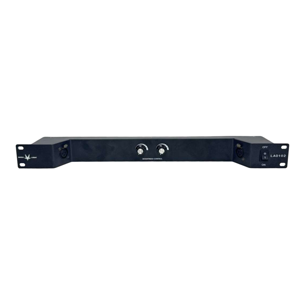 Front view of EAGLE LIGHT LA0102I catalog cabinet lighting module with dual front-panel controls, hardware marked LA0102