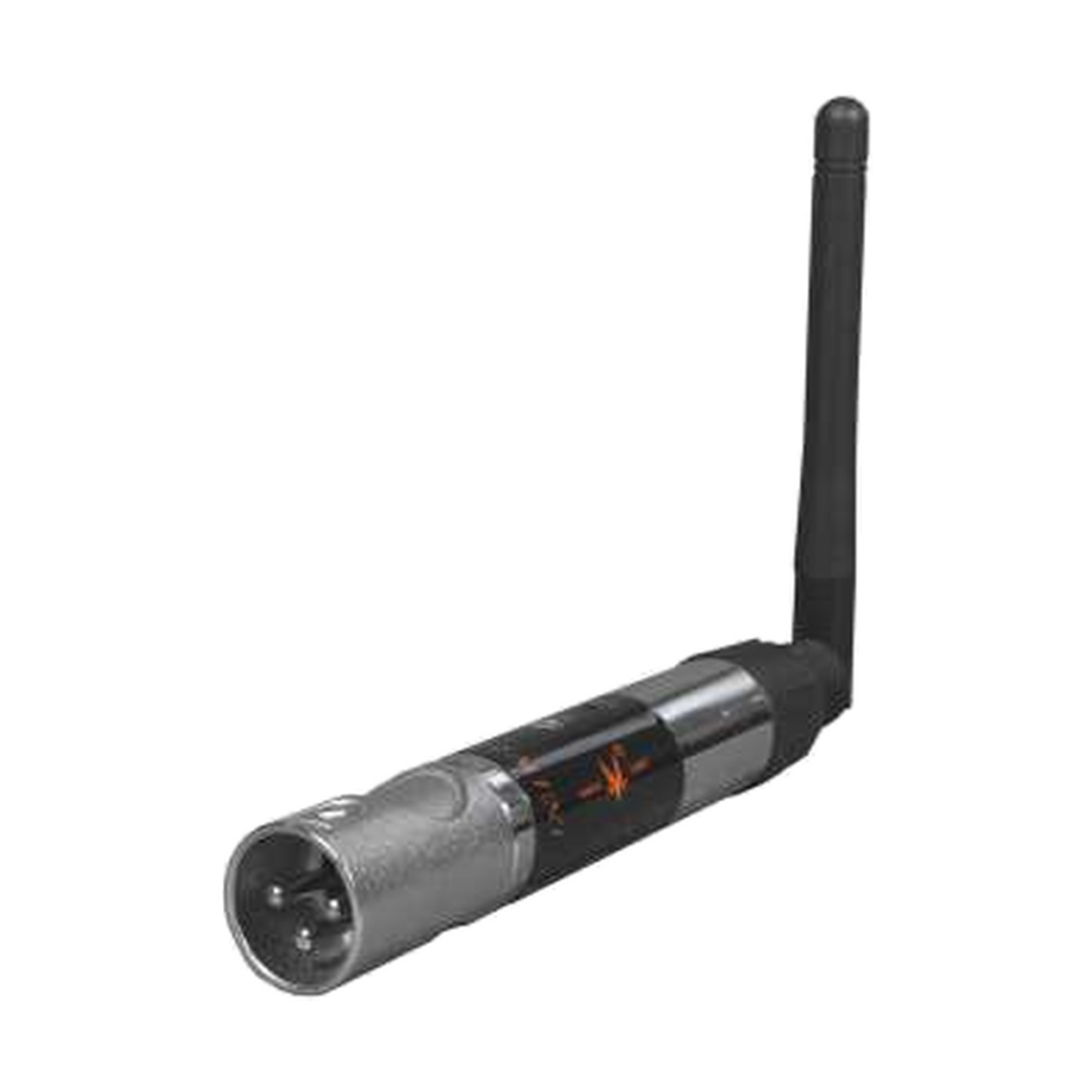EAGLE LIGHT RF512MINI 2.4 GHz wireless DMX transceiver, male XLR connector and upright antenna, manufacturer catalog photo
