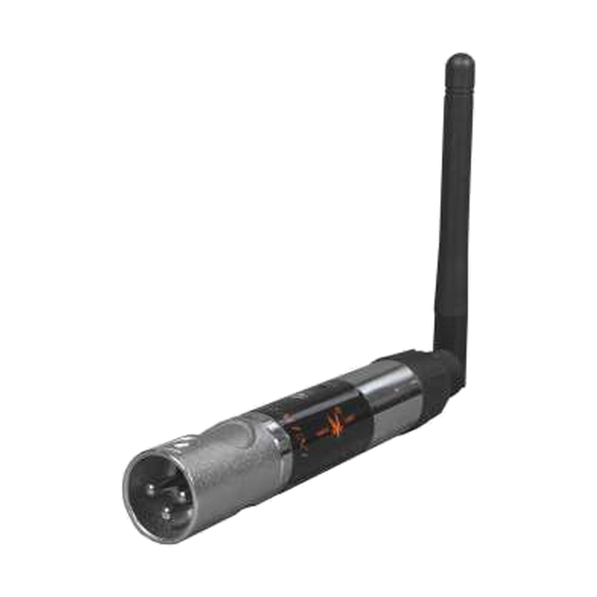 EAGLE LIGHT RF512MINI 2.4 GHz wireless DMX transceiver, male XLR connector and upright antenna, manufacturer catalog photo
