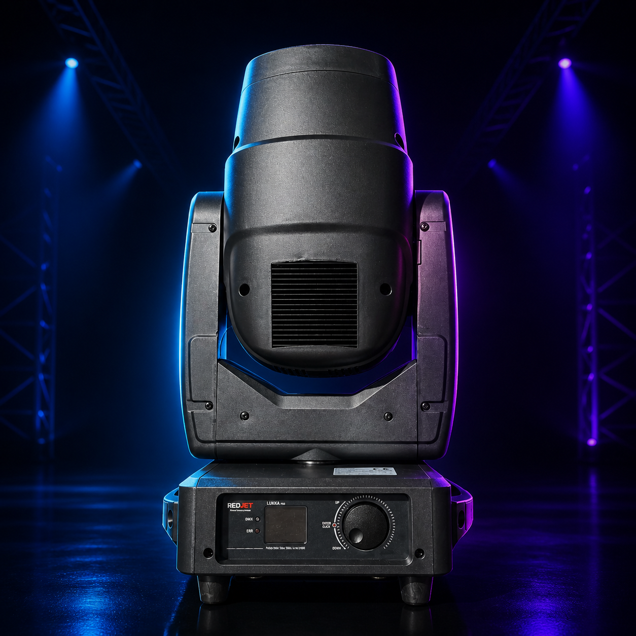REDJET LUKKA moving head showing the rear of the lamp housing, ventilation grille and base