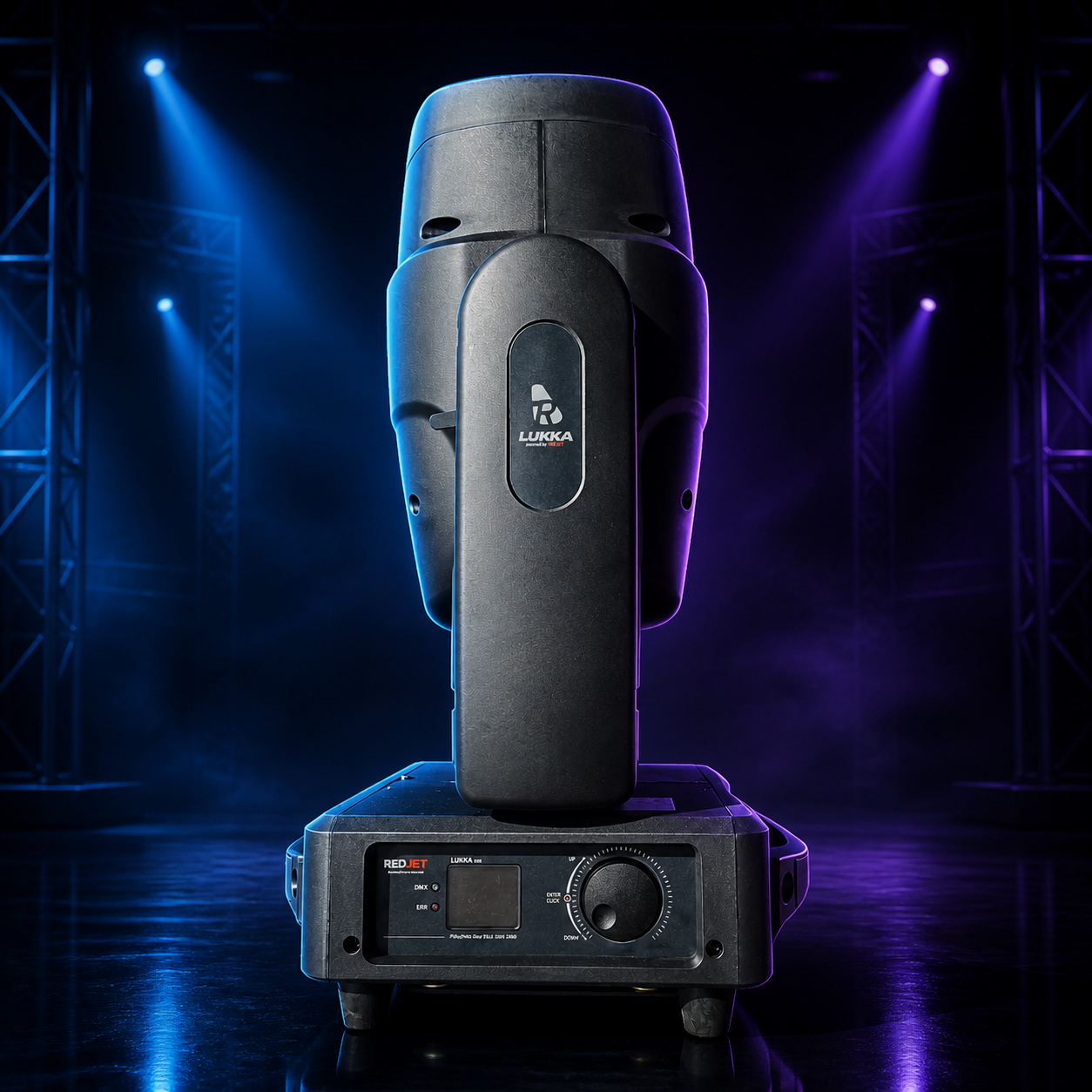 Side view of the REDJET LUKKA moving head showing the LUKKA logo and control panel
