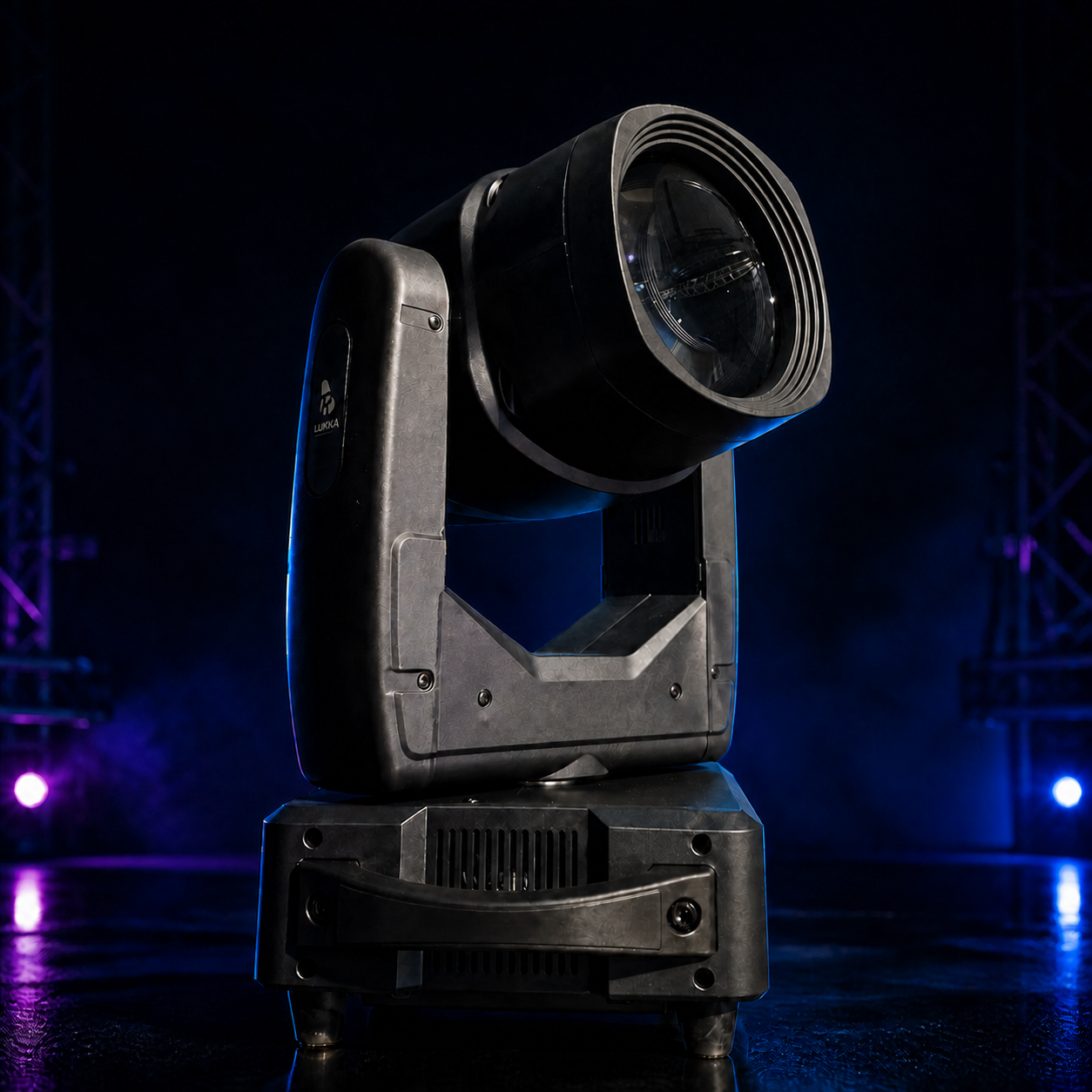 REDJET LUKKA beam moving head in a three-quarter view with blue and purple stage lighting