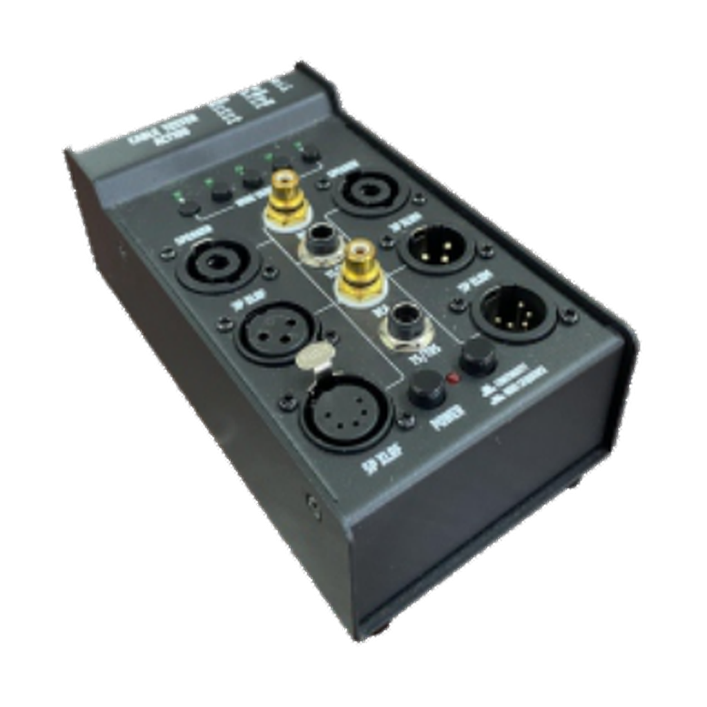 VMCABLE ACT100 black multi-format cable tester with speakON, RCA, TS/TRS, three-pole and five-pole XLR ports and LED indicators, genuine isolated catalogue photograph