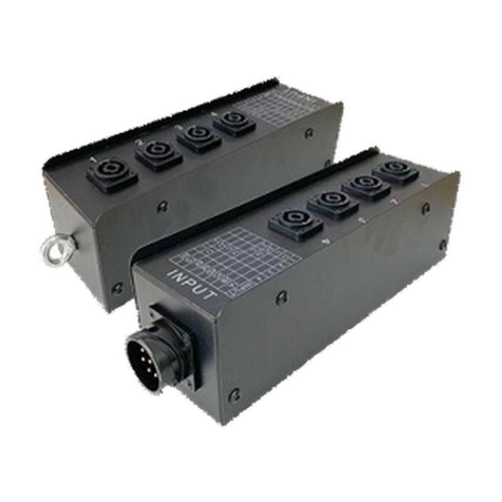 VMCABLE LK008 four-way speaker breakout box with 8-pole connector and four NL4 panel output connectors