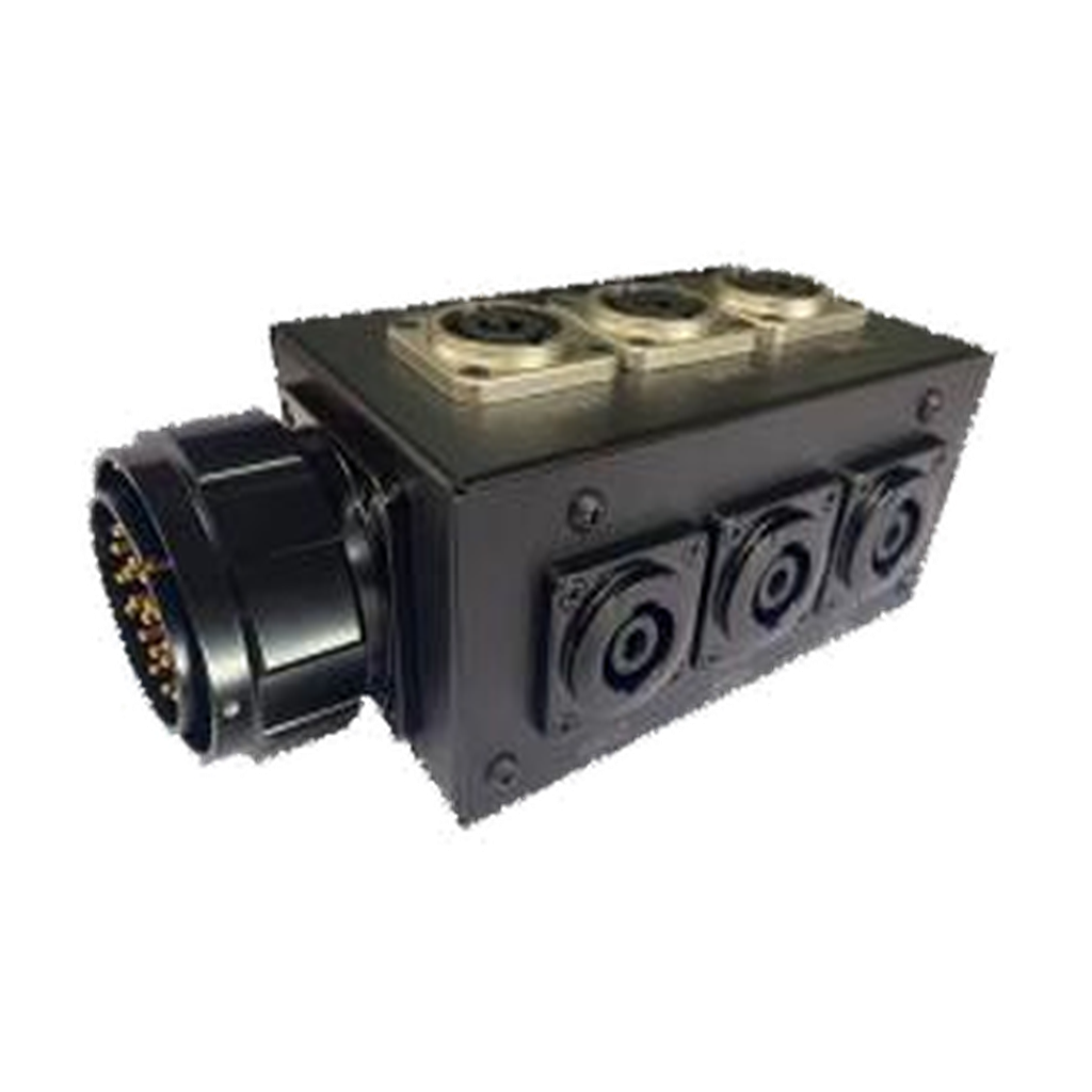 VMCABLE LK025 speaker breakout box with 25-pole multipin input and NL8/NL4 panel connector outputs