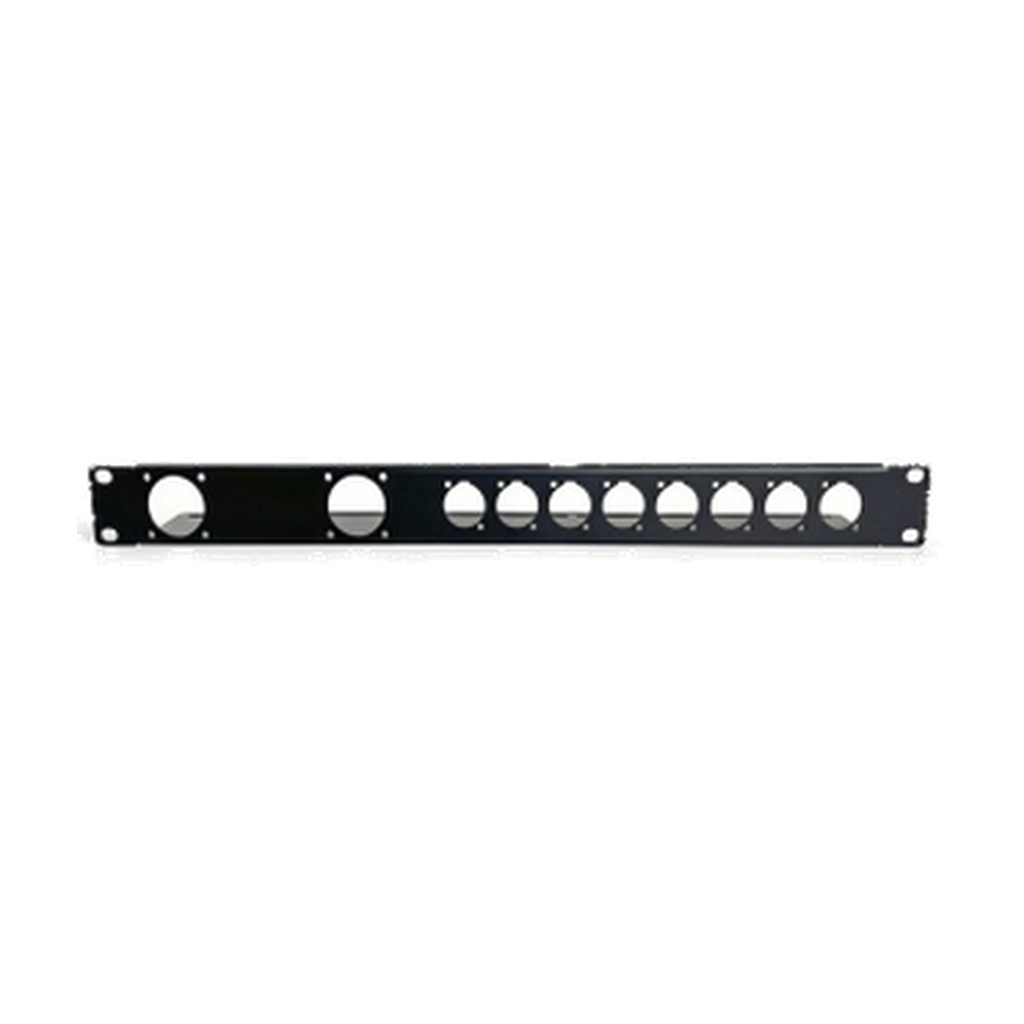VMCABLE P1K2N8 1U 19-inch black matt steel universal D-series connector rack panel, authentic catalogue product image isolated on transparent background