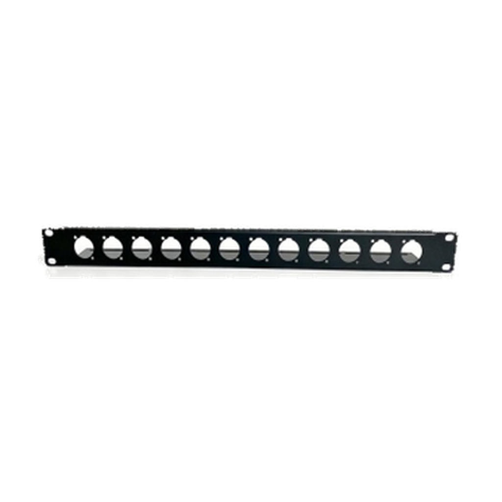 VMCABLE P1N12 1U 19-inch black matt steel universal D-series connector rack panel, authentic catalogue product image isolated on transparent background