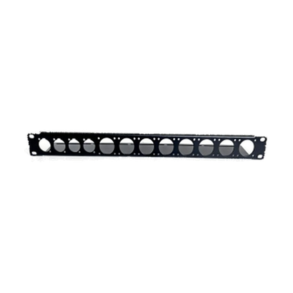 VMCABLE P1N4T8 1U 19-inch black matt steel universal D-series connector rack panel, authentic catalogue product image isolated on transparent background