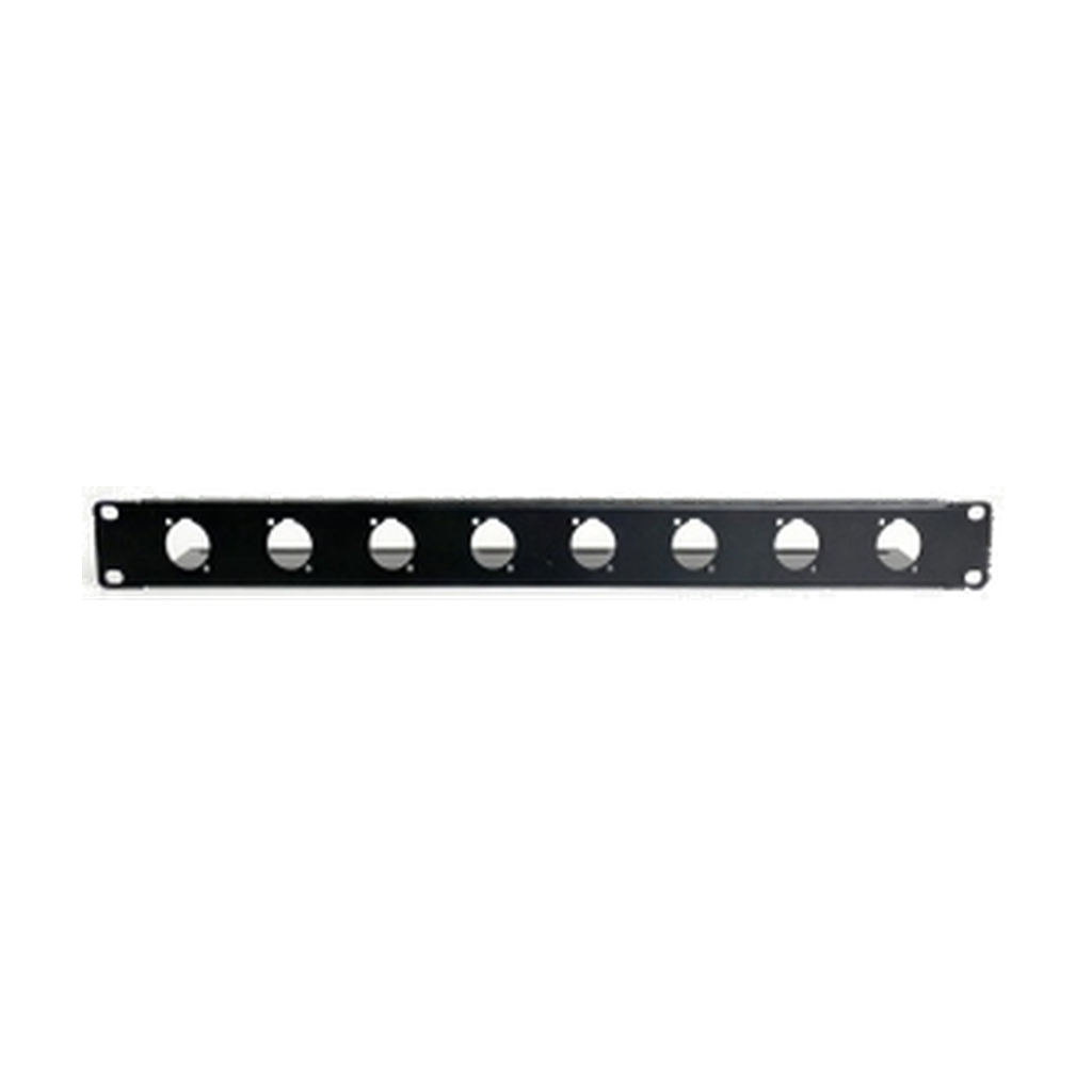 VMCABLE P1N8 1U 19-inch black matt steel universal D-series connector rack panel, authentic catalogue product image isolated on transparent background