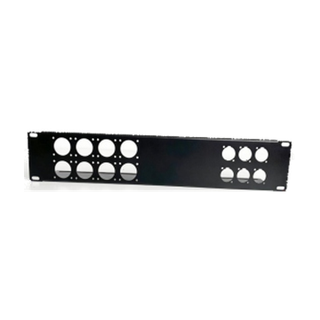 VMCABLE P2T8N6 2U 19-inch black matt steel universal D-series connector rack panel, authentic catalogue product image isolated on transparent background