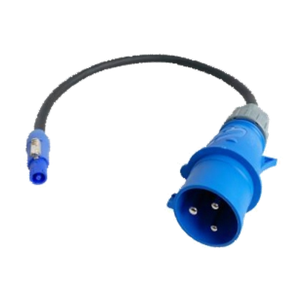 VMCABLE VM-CEEPOWER-1: 1 m 16 A 3 x 2.5 mm² power adapter with one powerCON connector and one CEE connector. Genuine catalog photograph, isolated on a transparent background.