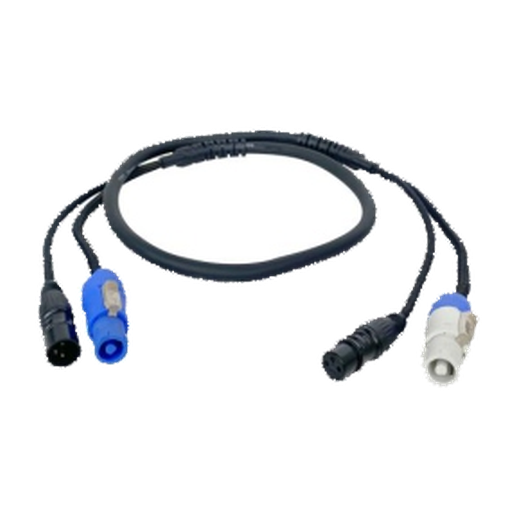 VMCABLE VM-CONXLR-3: 3 m DMX and power hybrid loom with 3 x 2.5 mm² power conductors, 2-core DMX signal path, NC3 XLR and SAC3 connectors. Authentic catalog product image, isolated on a transparent background.