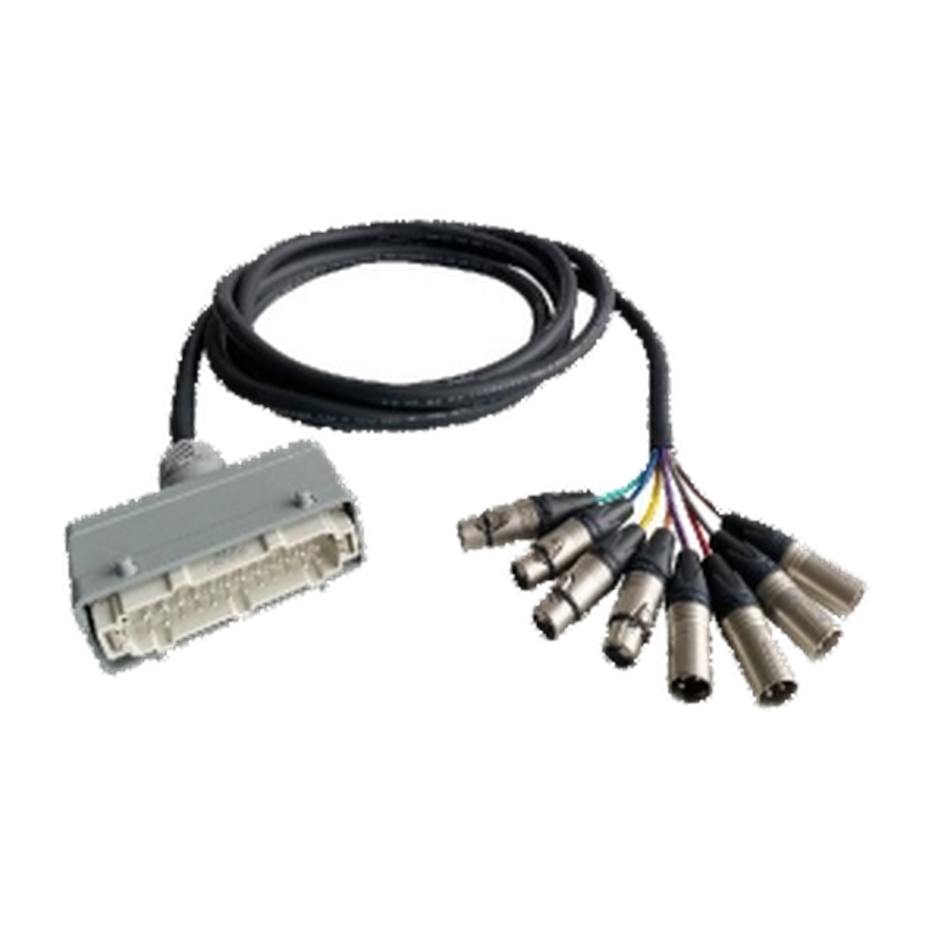VMCABLE VM-HDC04/04-1: 3 m rectangular 24-pole VM-HDC to four male and four female 3-pole XLR breakout assembly. Authentic catalogue product image with transparent background.
