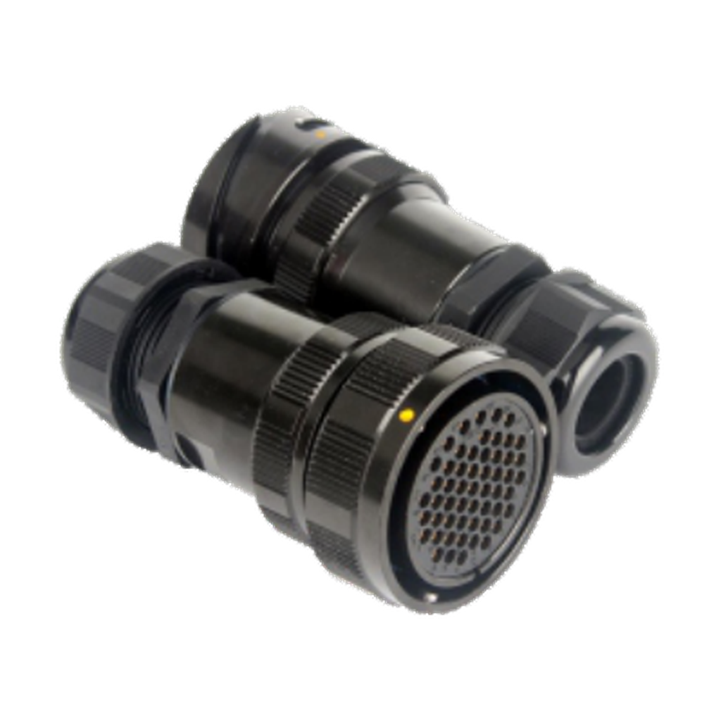 VMCABLE VM-LK054FV-Signal, black metal 54-pole female cable socket in two manufacturer catalogue product views, transparent background