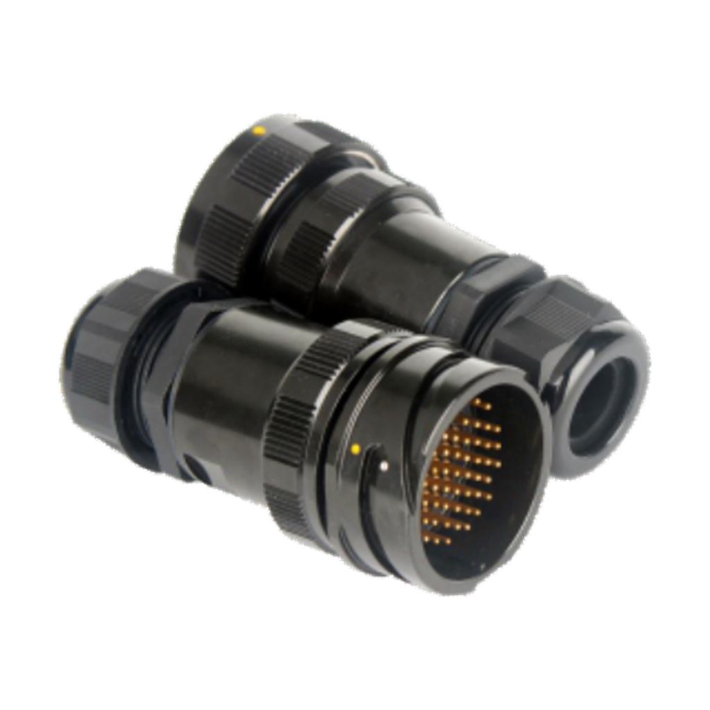 VMCABLE VM-LK054MV-Signal, black metal 54-pole male cable socket in two manufacturer catalogue product views, transparent background