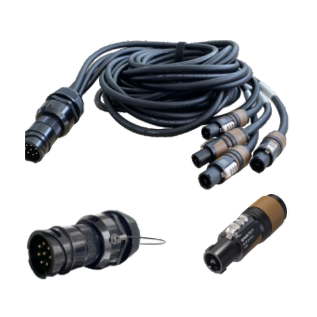 VMCABLE VM-LK240-25 DOSUB 25 m four-way speaker breakout with an 8-pole multipin input and four 2-pole branch connectors