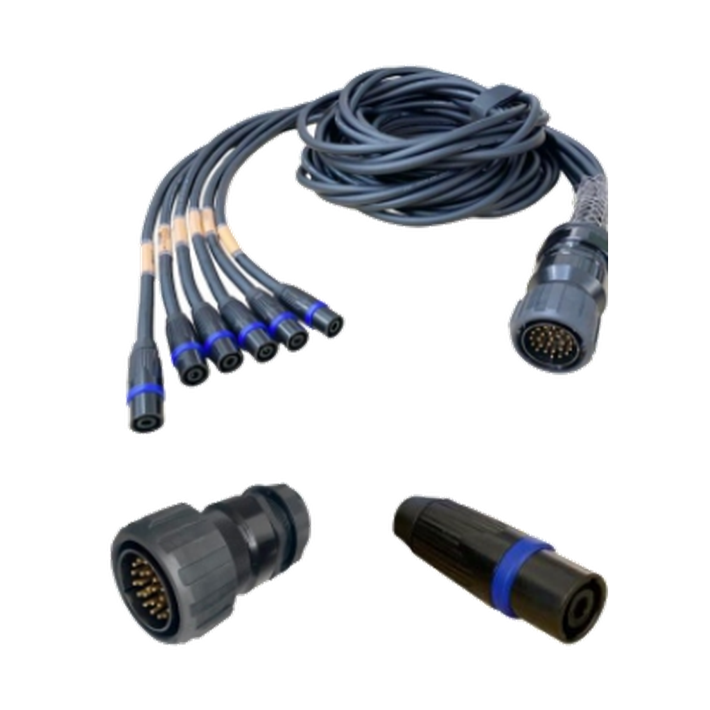 30 m six-way speaker output fan-out cable with VMCABLE 25-pole and six Neutrik 4-pole connectors