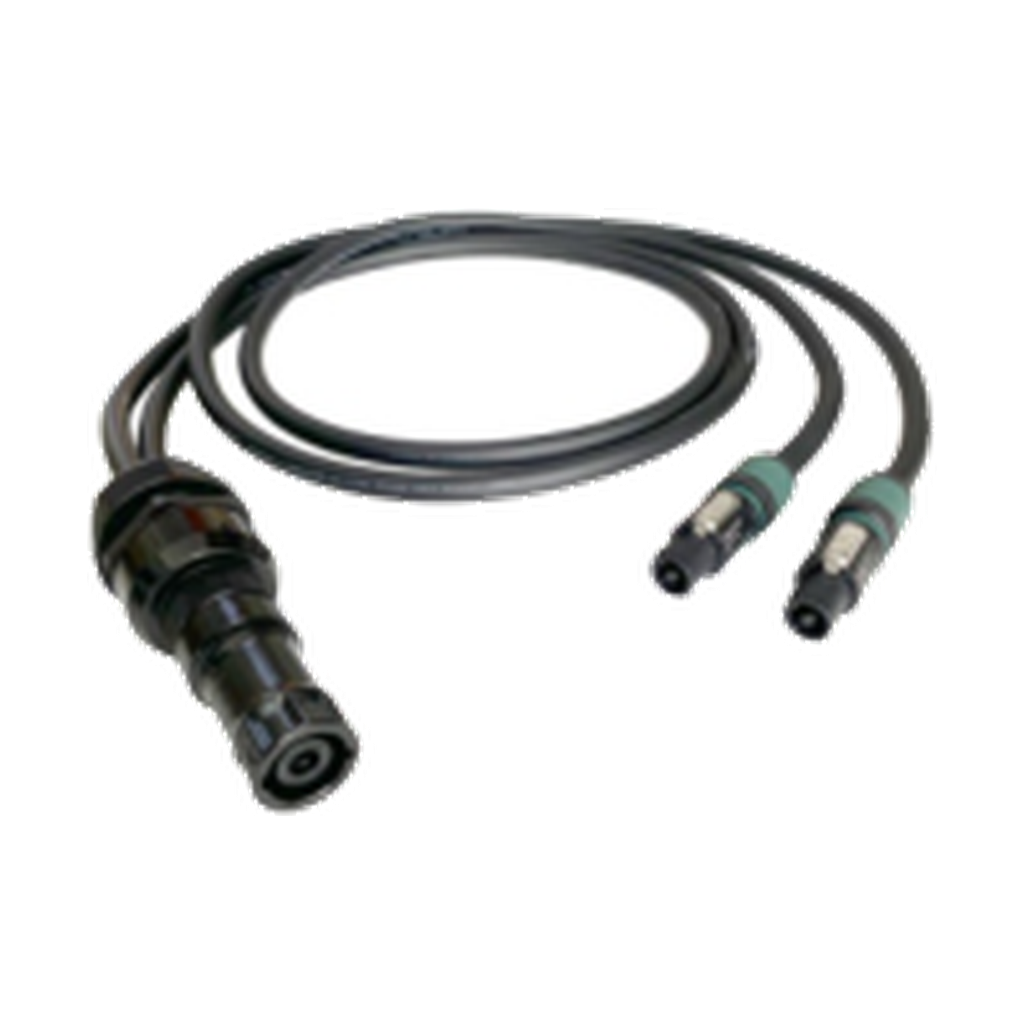 VMCABLE VM-NLF240-3 L4M, 3 m speaker breakout with one 8-pole input and two NL4FXX-W-L 4-pole output connectors; actual manufacturer catalogue photograph on a transparent background