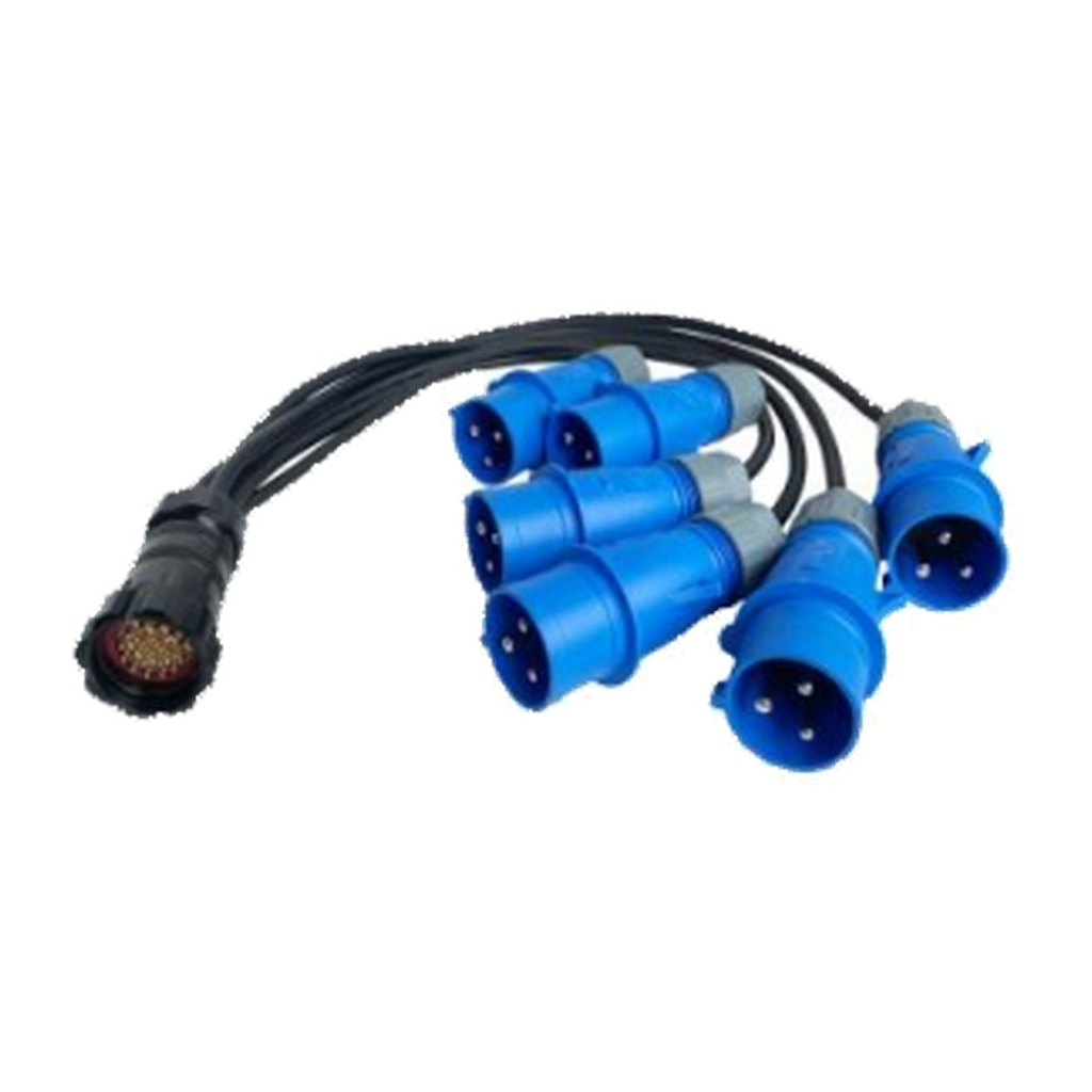 VMCABLE VM-SOCA19-3 IN: 3 m 6-way power breakout with a 19-pole male VM-SOCA19 multipin connector and six male CEE connectors. Genuine catalog photograph, isolated on a transparent background.