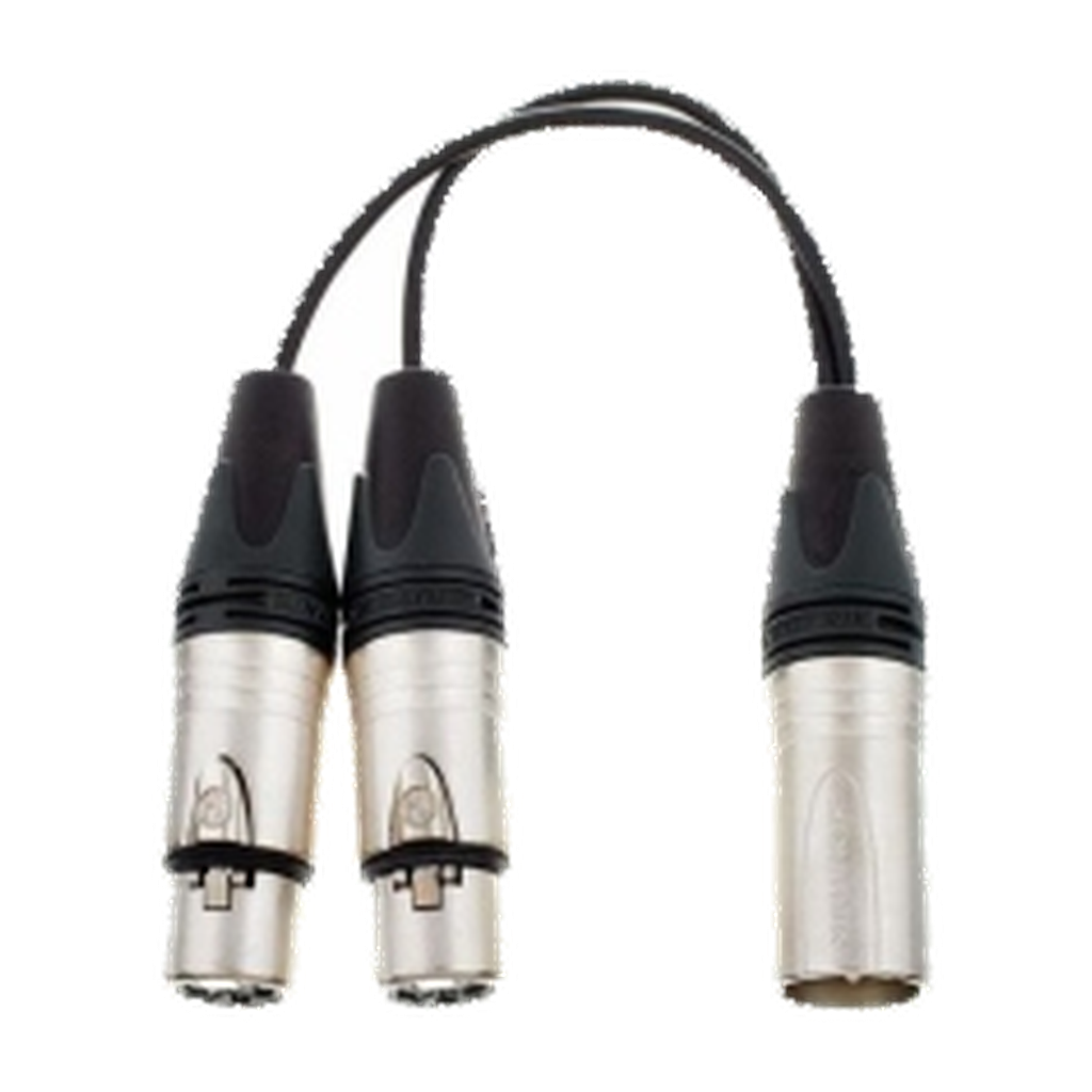 VMCABLE VM-XLR-0.2 F/M: 0.2 m Y audio cable with one 3-pole male XLR to two 3-pole female XLR connectors. Authentic catalogue product image with transparent background.