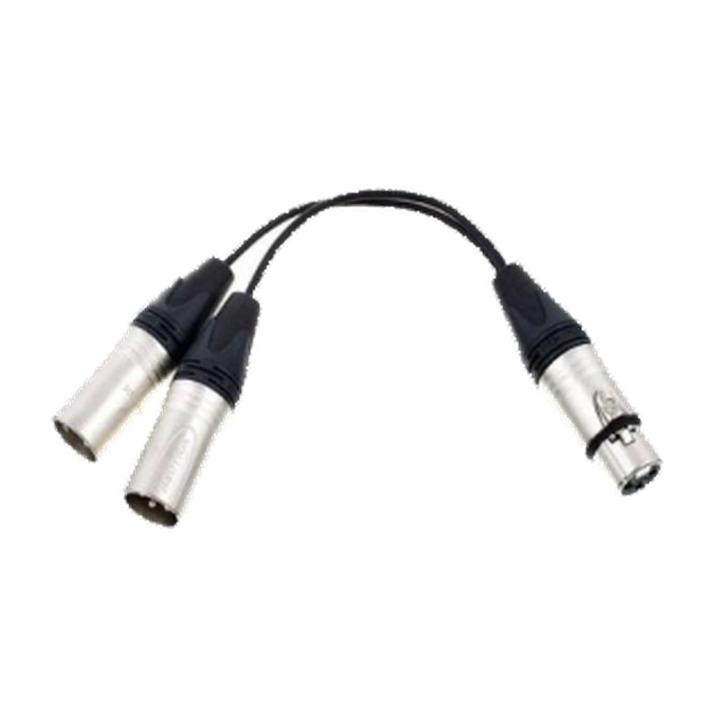 VMCABLE VM-XLR-0.2 M/F: 0.2 m Y audio cable with one 3-pole female XLR to two 3-pole male XLR connectors. Authentic catalogue product image with transparent background.