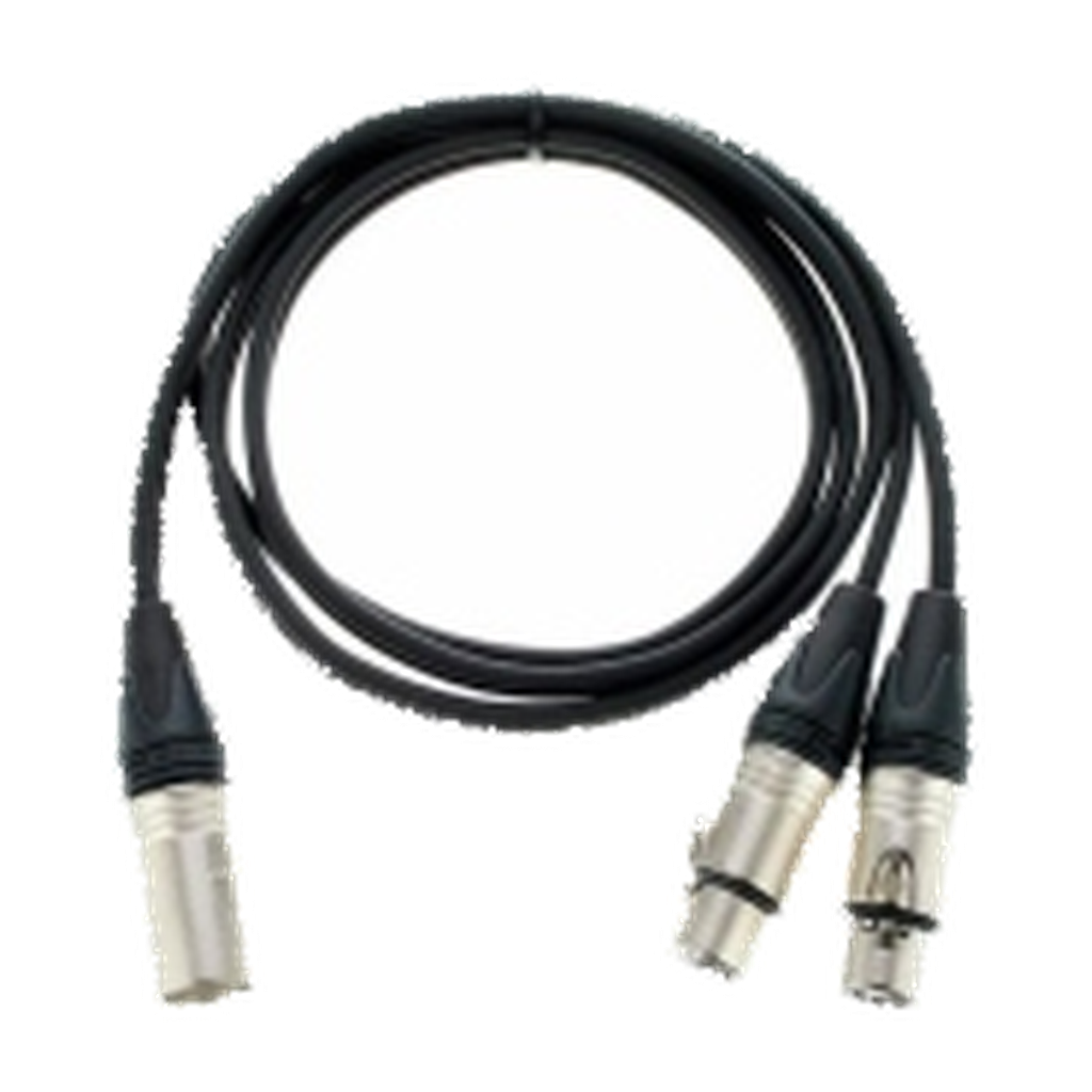 VMCABLE VM-XLR-1.5 F/M: 1.5 m Y audio cable with one male XLR and two female XLR 3-pole connectors. Authentic catalogue product image with transparent background.