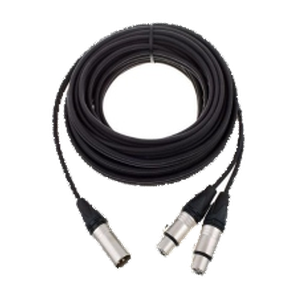 VMCABLE VM-XLR-10 F/M: 10 m Y audio cable with one 3-pole male XLR and two 3-pole female XLR ends. Genuine catalog product photograph on a transparent background.