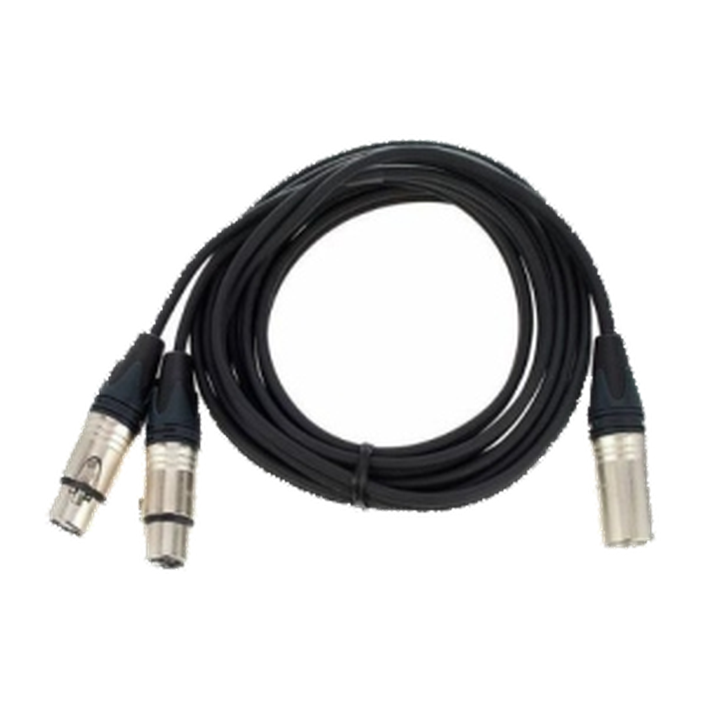 VMCABLE VM-XLR-3 F/M: 3 m Y audio cable with one male XLR and two female XLR 3-pole connectors. Authentic catalogue product image with transparent background.
