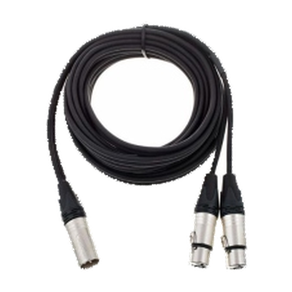 VMCABLE VM-XLR-5 F/M: 5 m Y audio cable with one male XLR and two female XLR 3-pole connectors. Authentic catalogue product image with transparent background.