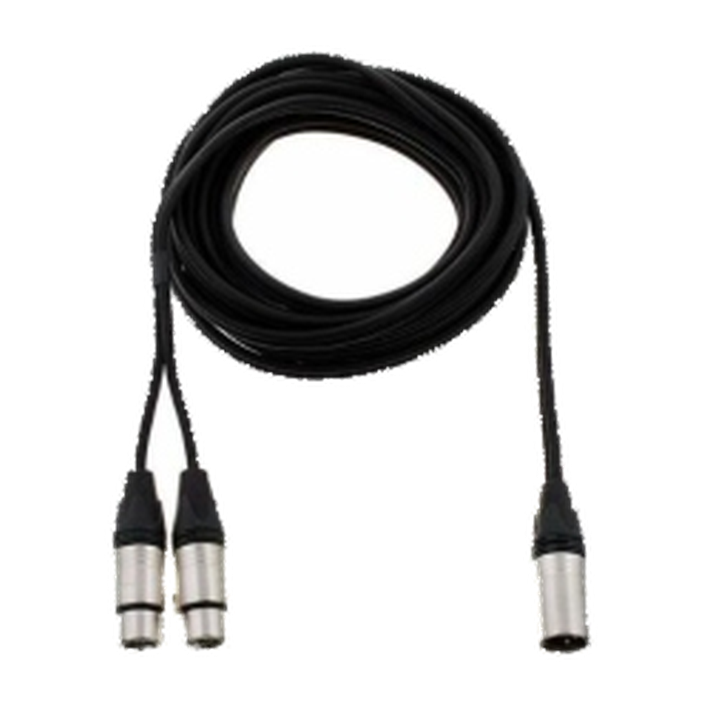 VMCABLE VM-XLR-6 F/M: 6 m Y audio cable with one 3-pole male XLR and two 3-pole female XLR ends. Genuine catalog product photograph on a transparent background.