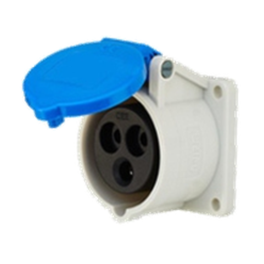 VMCABLE VMP5101, blue three-pole 16 A female panel socket with cover, genuine supplier product photo with transparent background