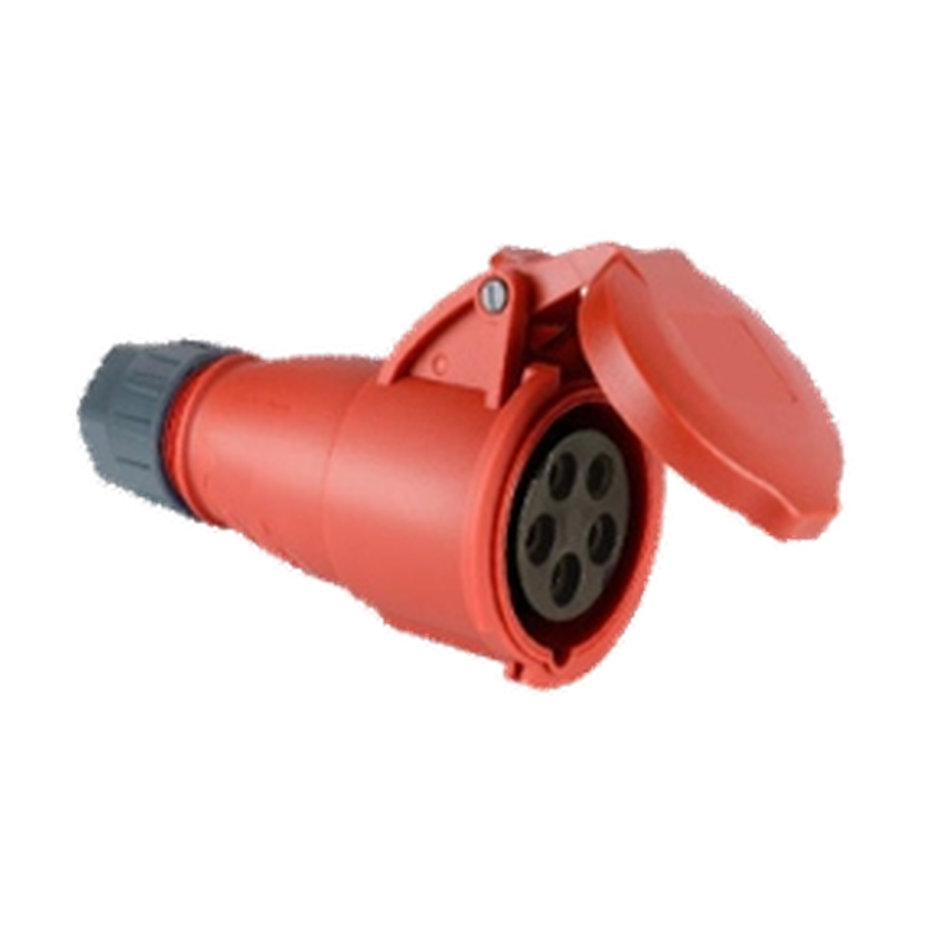 VMCABLE VMPR2823, red five-pole 32 A female cable connector with cover, authentic catalogue photo on transparent background